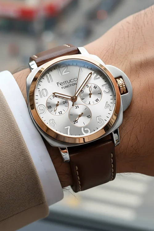Ferrucci Acı Kahve Renk, Deri Kordon, Function Erkek Kol Saati+Bileklik Kahve-Gümüş zmfer158