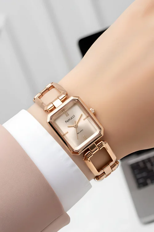 Ferrucci Bileklik Model Kordon Çelik Kasa Kadın Kol Saati, Bileklik Hediye Rose Renk zmfer208