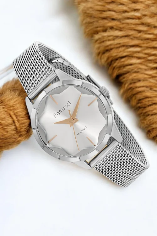 Ferrucci Çelik Hasır Kordon Çelik Kasa Kadın Kol Saati, 3 ATM Su Geçirmez Gümüş-Beyaz zmfer170