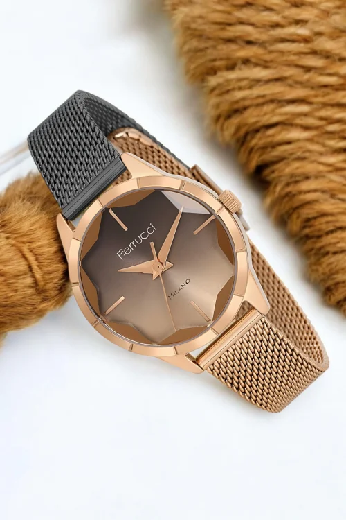 Ferrucci Çelik Hasır Kordon Çelik Kasa Kadın Kol Saati, 3 ATM Su Geçirmez Rose-Siyah zmfer170