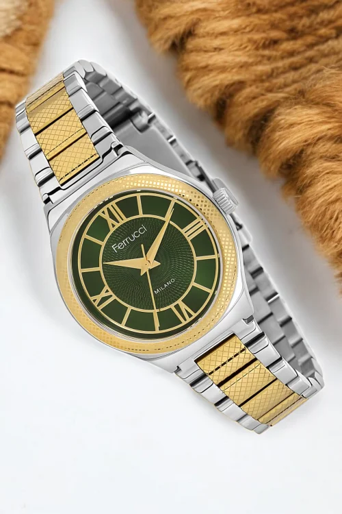 Ferrucci Çelik Kordon Çelik Kasa Kadın Kol Saati, 3 ATM Su Geçirmez Gold-Gümüş-Yeşil zmfer171