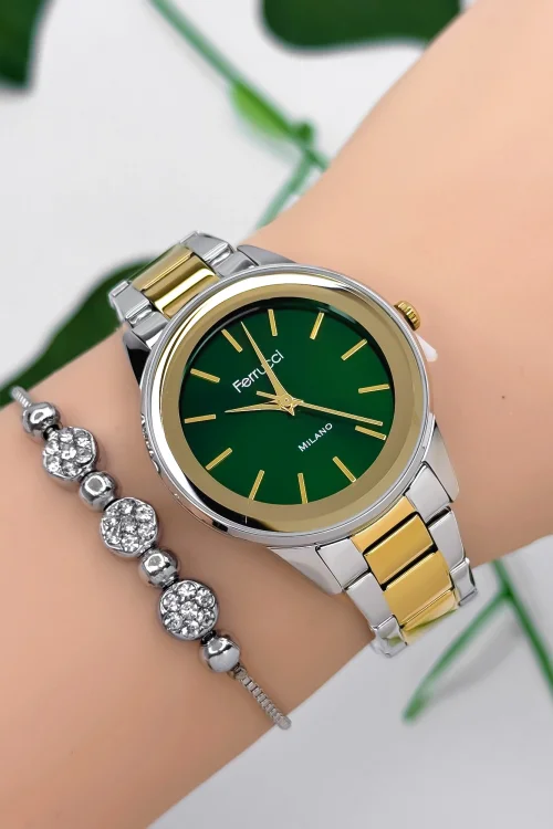Ferrucci Çelik Kordon Çelik Kasa Kadın Kol Saati, 3 ATM Su Geçirmez Gold-Gümüş-Yeşil zmfer177