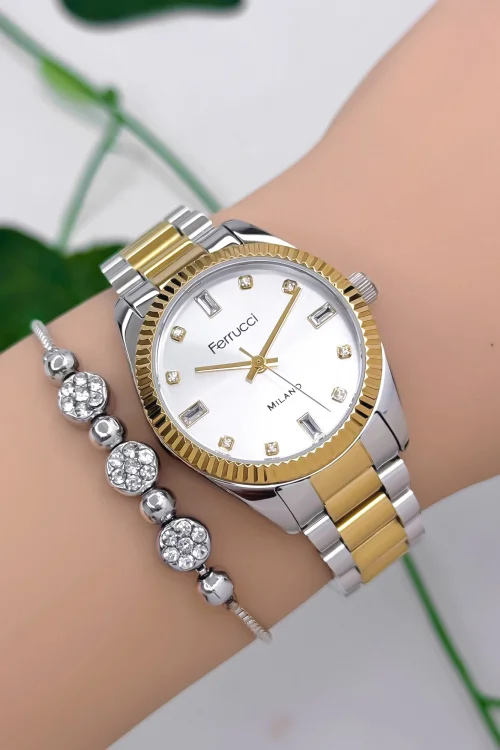 Ferrucci Çelik Kordon Çelik Kasa Kadın Kol Saati, 3 ATM Su Geçirmez Gold-Gümüş zmfer176
