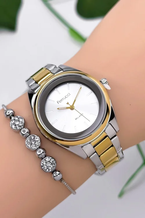 Ferrucci Çelik Kordon Çelik Kasa Kadın Kol Saati, 3 ATM Su Geçirmez Gold-Gümüş zmfer177