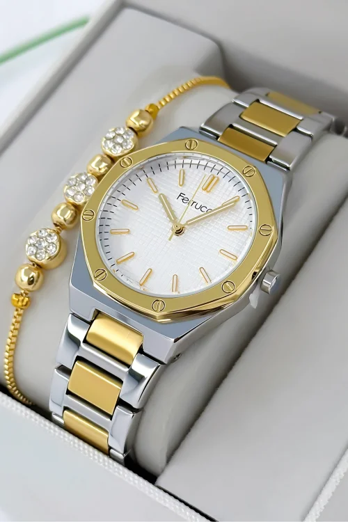 Ferrucci Çelik Kordon Çelik Kasa Kadın Kol Saati, 3 ATM Su Geçirmez Gold-Gümüş zmfer192