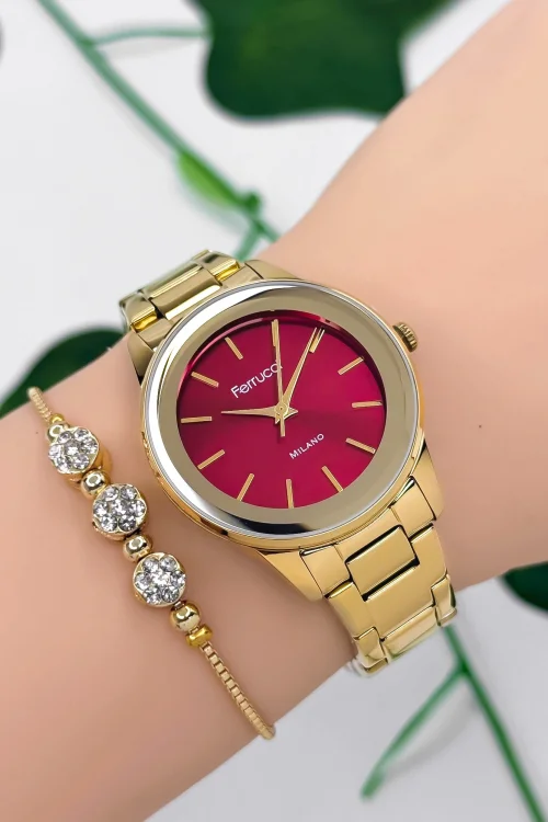 Ferrucci Çelik Kordon Çelik Kasa Kadın Kol Saati, 3 ATM Su Geçirmez Gold-Kırmızı zmfer177