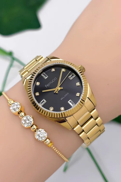 Ferrucci Çelik Kordon Çelik Kasa Kadın Kol Saati, 3 ATM Su Geçirmez Gold-Siyah zmfer176