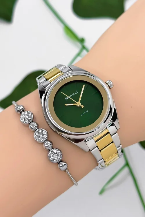 Ferrucci Çelik Kordon Çelik Kasa Kadın Kol Saati, 3 ATM Su Geçirmez Gold-Yeşil-Gümüş zmfer177