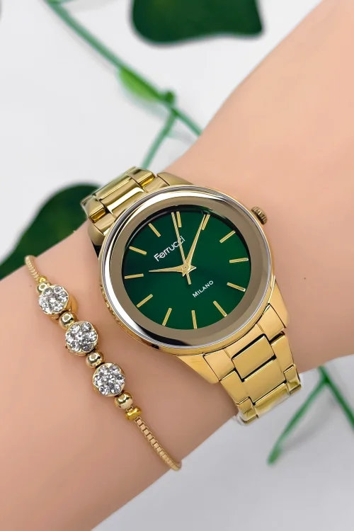 Ferrucci Çelik Kordon Çelik Kasa Kadın Kol Saati, 3 ATM Su Geçirmez Gold-Yeşil zmfer177