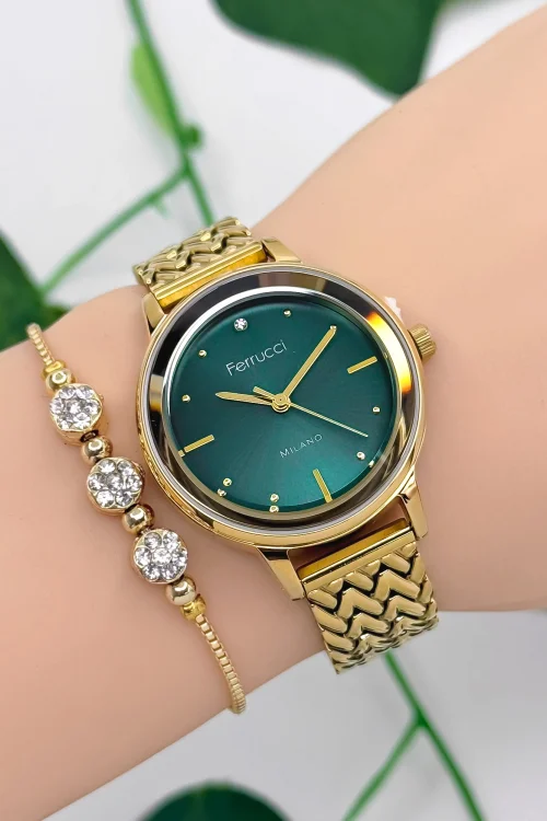 Ferrucci Çelik Kordon Çelik Kasa Kadın Kol Saati, 3 ATM Su Geçirmez Gold-Yeşil zmfer178