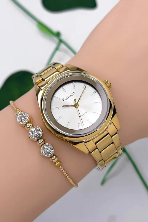 Ferrucci Çelik Kordon Çelik Kasa Kadın Kol Saati, 3 ATM Su Geçirmez Gold zmfer177