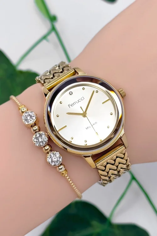 Ferrucci Çelik Kordon Çelik Kasa Kadın Kol Saati, 3 ATM Su Geçirmez Gold zmfer178