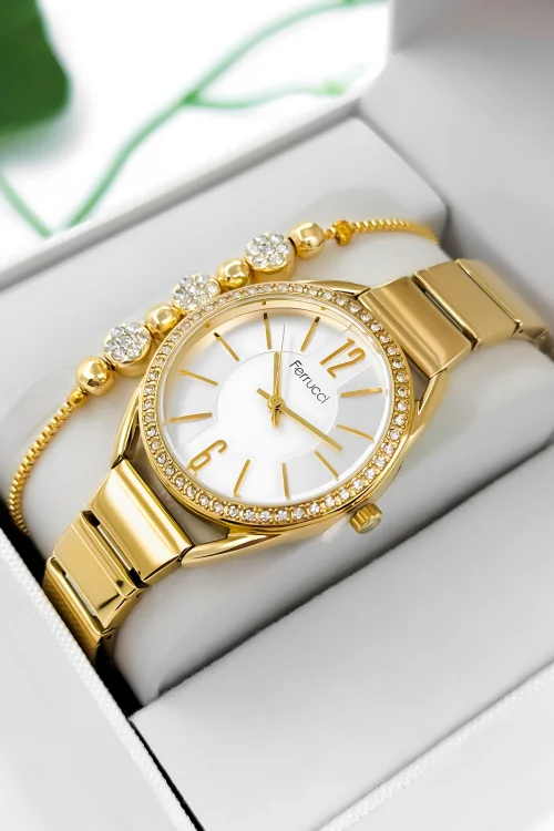 Ferrucci Çelik Kordon Çelik Kasa Kadın Kol Saati, 3 ATM Su Geçirmez Gold zmfer190