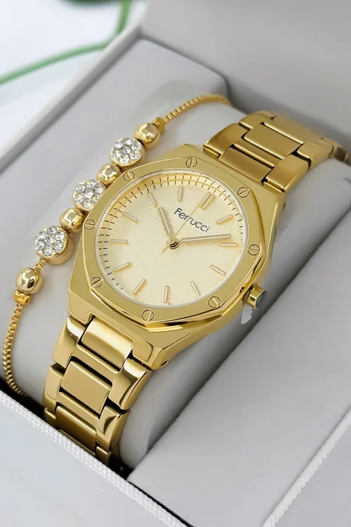 Ferrucci Çelik Kordon Çelik Kasa Kadın Kol Saati, 3 ATM Su Geçirmez Gold zmfer192