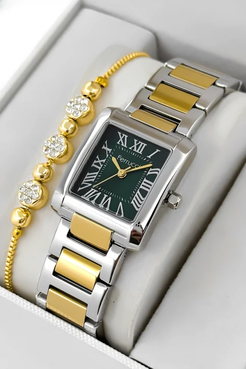 Ferrucci Çelik Kordon Çelik Kasa Kadın Kol Saati, 3 ATM Su Geçirmez Gümüş-Gold-Yeşil zmfer194