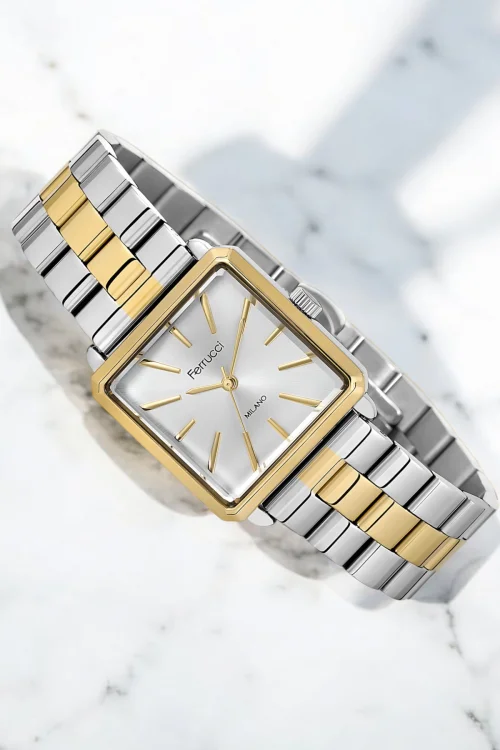 Ferrucci Çelik Kordon Çelik Kasa Kadın Kol Saati, 3 ATM Su Geçirmez Gümüş-Gold zmfer175