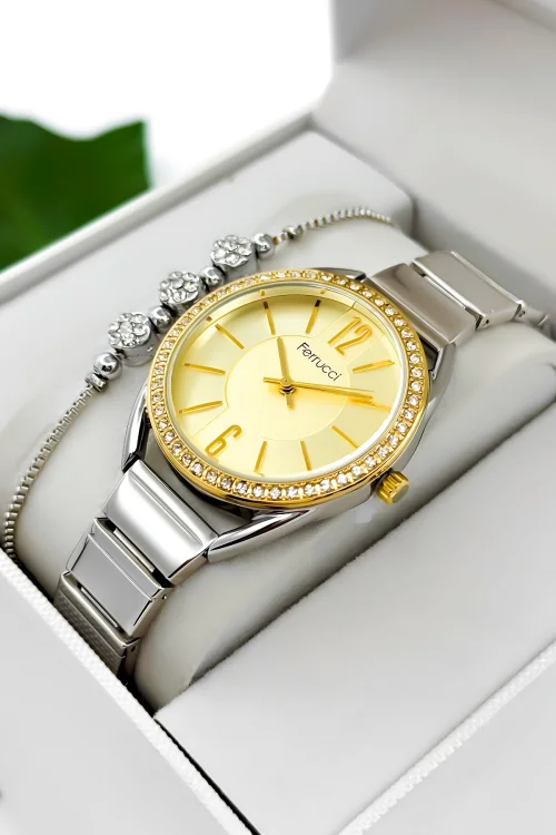 Ferrucci Çelik Kordon Çelik Kasa Kadın Kol Saati, 3 ATM Su Geçirmez Gümüş-Gold zmfer190