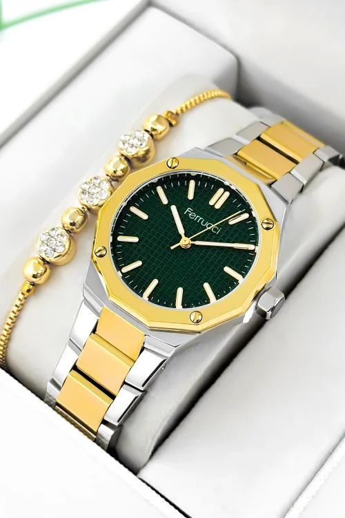 Ferrucci Çelik Kordon Çelik Kasa Kadın Kol Saati, 3 ATM Su Geçirmez Gümüş-Gold zmfer193