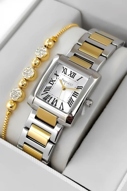 Ferrucci Çelik Kordon Çelik Kasa Kadın Kol Saati, 3 ATM Su Geçirmez Gümüş-Gold zmfer194