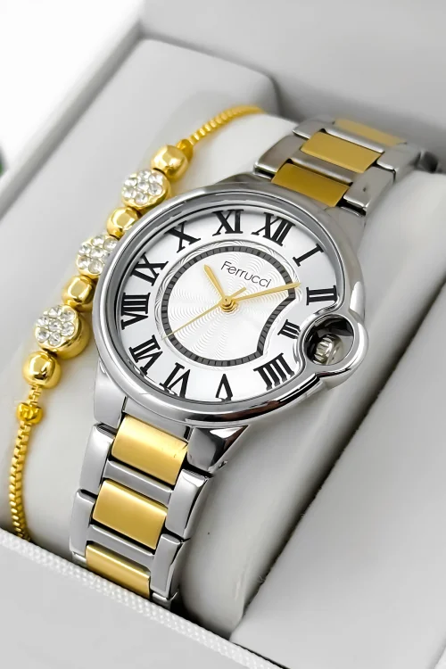 Ferrucci Çelik Kordon Çelik Kasa Kadın Kol Saati, 3 ATM Su Geçirmez Gümüş-Gold zmfer195