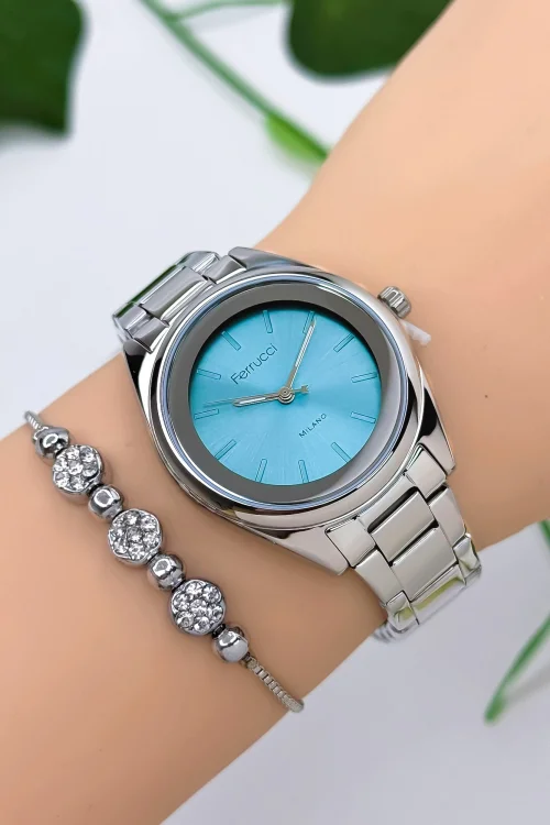 Ferrucci Çelik Kordon Çelik Kasa Kadın Kol Saati, 3 ATM Su Geçirmez Gümüş-Mavi zmfer177