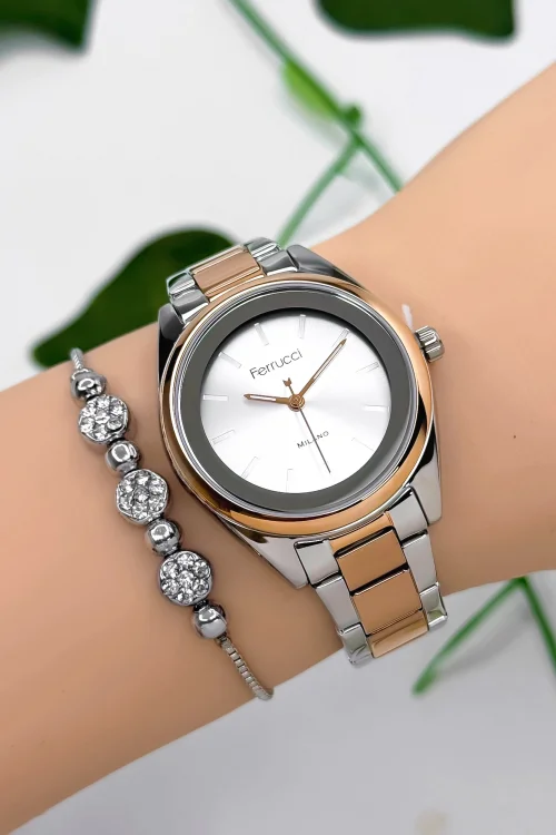 Ferrucci Çelik Kordon Çelik Kasa Kadın Kol Saati, 3 ATM Su Geçirmez Gümüş-Rose-Gümüş zmfer177