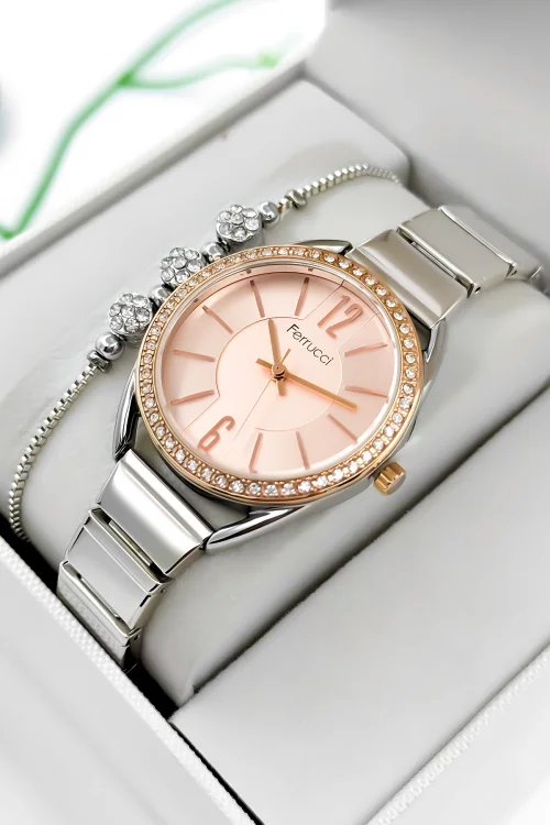 Ferrucci Çelik Kordon Çelik Kasa Kadın Kol Saati, 3 ATM Su Geçirmez Gümüş-Rose zmfer190