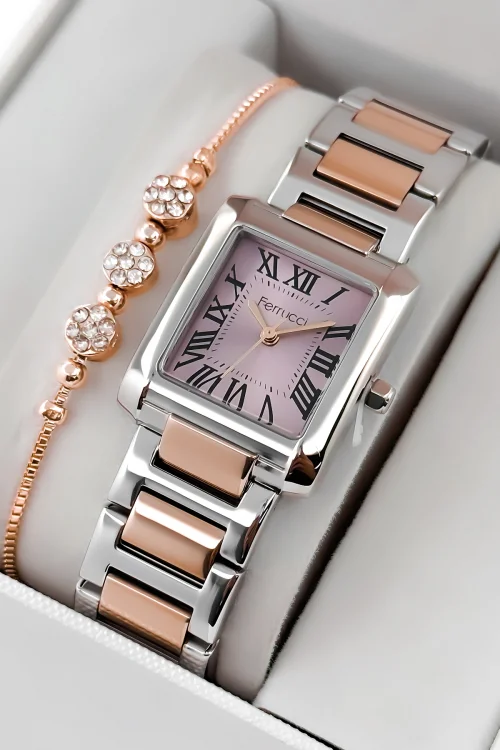 Ferrucci Çelik Kordon Çelik Kasa Kadın Kol Saati, 3 ATM Su Geçirmez Gümüş-Rose zmfer194