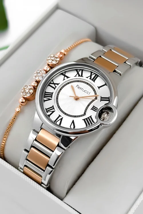 Ferrucci Çelik Kordon Çelik Kasa Kadın Kol Saati, 3 ATM Su Geçirmez Gümüş-Rose zmfer195