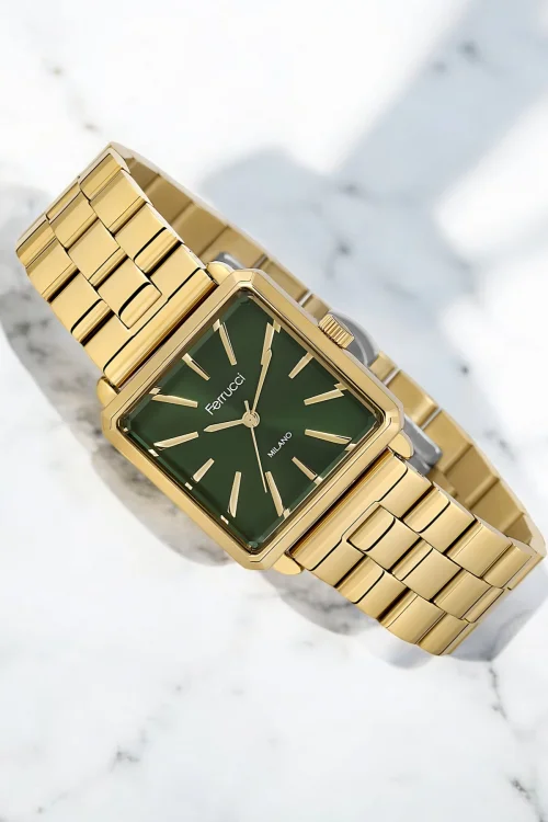 Ferrucci Çelik Kordon Çelik Kasa Kadın Kol Saati, 3 ATM Su Geçirmez Gold-Yeşil zmfer175