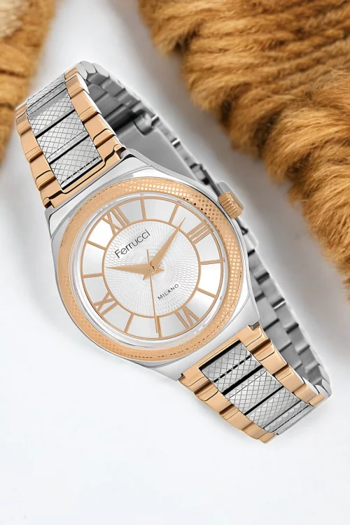Ferrucci Çelik Kordon Çelik Kasa Kadın Kol Saati, 3 ATM Su Geçirmez Rose Gold-Gümüş zmfer171