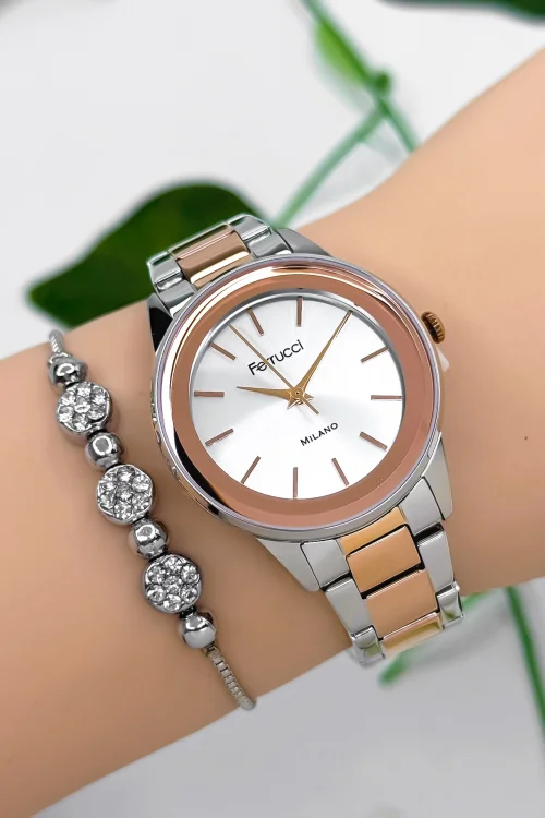 Ferrucci Çelik Kordon Çelik Kasa Kadın Kol Saati, 3 ATM Su Geçirmez Rose-Gümüş-Rose zmfer177