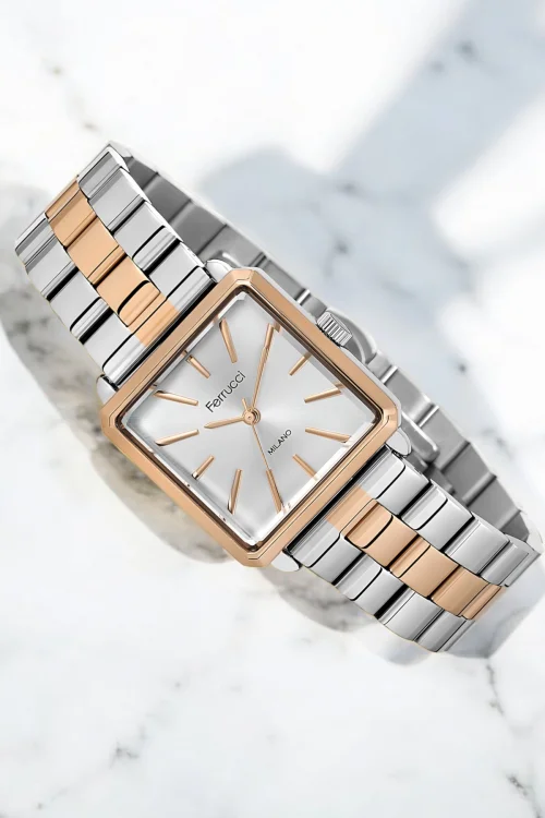 Ferrucci Çelik Kordon Çelik Kasa Kadın Kol Saati, 3 ATM Su Geçirmez Rose-Gümüş zmfer175