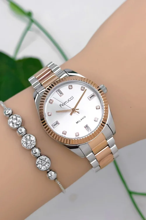 Ferrucci Çelik Kordon Çelik Kasa Kadın Kol Saati, 3 ATM Su Geçirmez Rose-Gümüş zmfer176