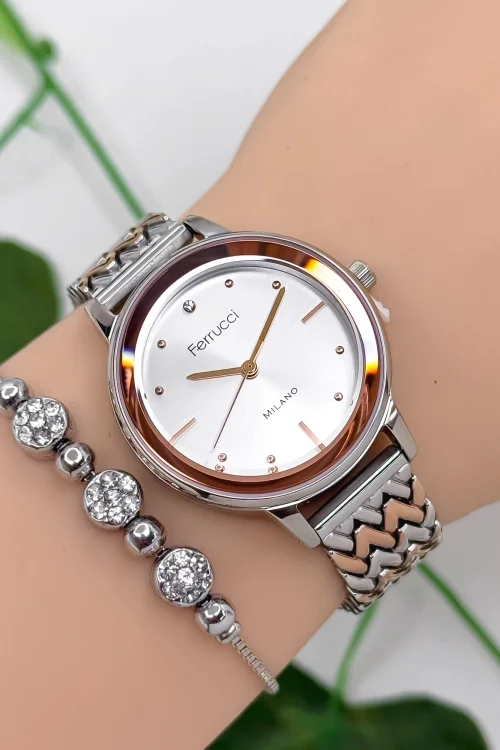 Ferrucci Çelik Kordon Çelik Kasa Kadın Kol Saati, 3 ATM Su Geçirmez Rose-Gümüş zmfer178