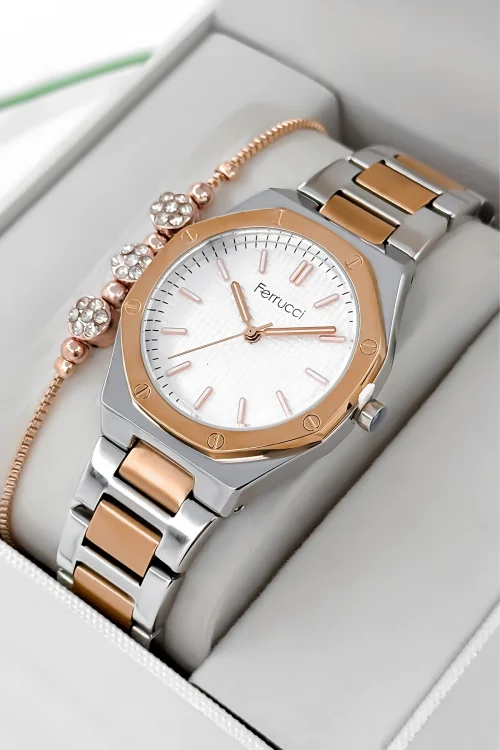 Ferrucci Çelik Kordon Çelik Kasa Kadın Kol Saati, 3 ATM Su Geçirmez Rose-Gümüş zmfer192