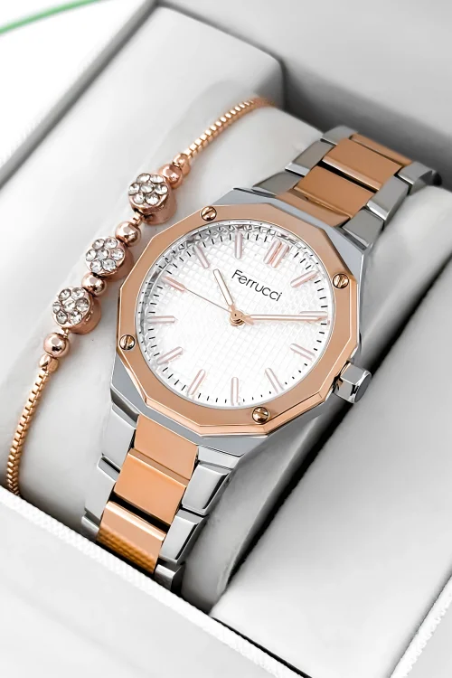 Ferrucci Çelik Kordon Çelik Kasa Kadın Kol Saati, 3 ATM Su Geçirmez Rose-Gümüş zmfer193