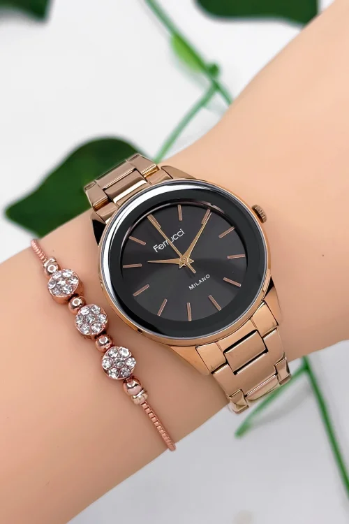 Ferrucci Çelik Kordon Çelik Kasa Kadın Kol Saati, 3 ATM Su Geçirmez Rose-Siyah zmfer177