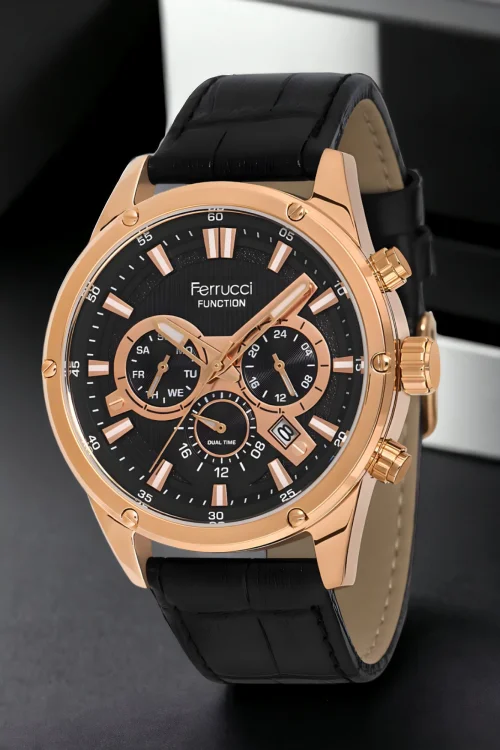 Ferrucci Deri Kordon Siyah-Rose Renk FCF.13908FK.05 Function Erkek Kol Saati+Bileklik zmfer155