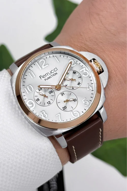 Ferrucci Function Deri Kordon Erkek Kol Saati 3 ATM- Bileklik Hediyeli Kahve-Rose zmfer162