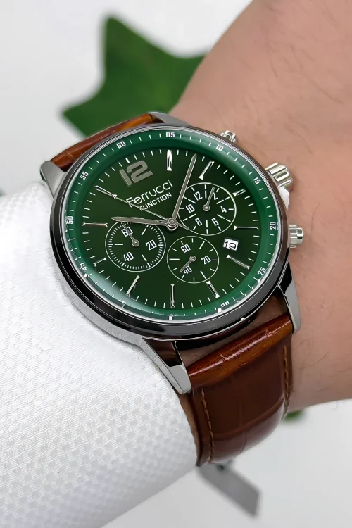 Ferrucci Function Deri Kordon Erkek Kol Saati 3 ATM- Bileklik Hediyeli Kahve-Yeşil zmfer163