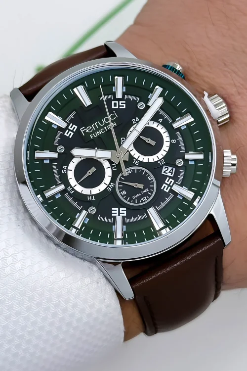 Ferrucci Function Deri Kordon Erkek Kol Saati 3 ATM- Bileklik Hediyeli Kahverengi-Gümüş zmfer168