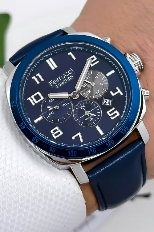 Ferrucci Function Deri Kordon Erkek Kol Saati 3 ATM- Bileklik Hediyeli Lacivert-Gümüş zmfer167