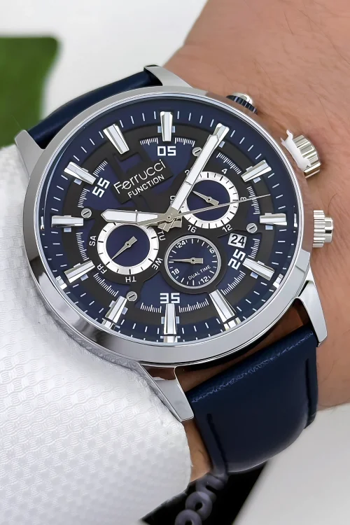 Ferrucci Function Deri Kordon Erkek Kol Saati 3 ATM- Bileklik Hediyeli Lacivert-Gümüş zmfer168