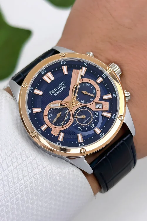 Ferrucci Function Deri Kordon Erkek Kol Saati 3 ATM- Bileklik Hediyeli Lacivert-Rose zmfer165