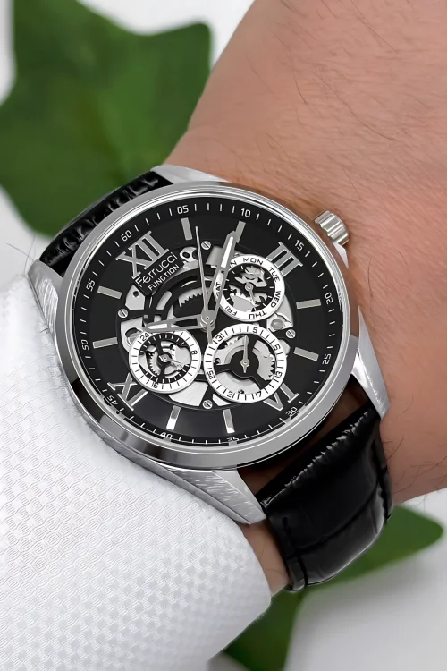 Ferrucci Function Deri Kordon Erkek Kol Saati 3 ATM- Bileklik Hediyeli Siyah-Gümüş zmfer166