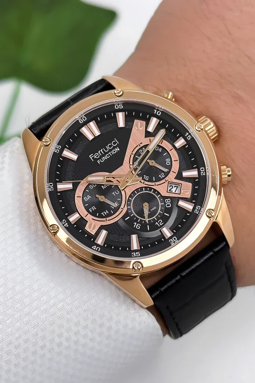 Ferrucci Function Deri Kordon Erkek Kol Saati 3 ATM- Bileklik Hediyeli Siyah-Rose zmfer165