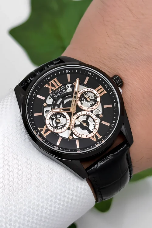 Ferrucci Function Deri Kordon Erkek Kol Saati 3 ATM- Bileklik Hediyeli Siyah-Rose zmfer166