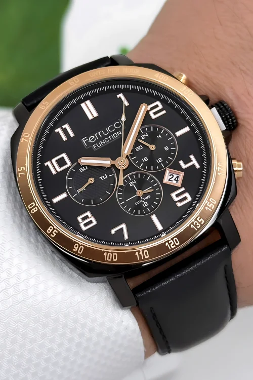 Ferrucci Function Deri Kordon Erkek Kol Saati 3 ATM- Bileklik Hediyeli Siyah-Rose zmfer167