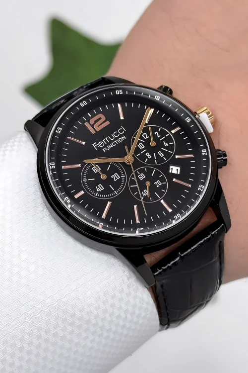Ferrucci Function Deri Kordon Erkek Kol Saati 3 ATM- Bileklik Hediyeli Siyah zmfer163
